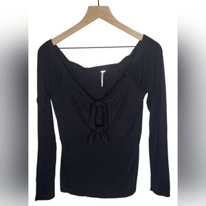Free People Off The Shoulder Black Double Tie-Front Blouse - Large